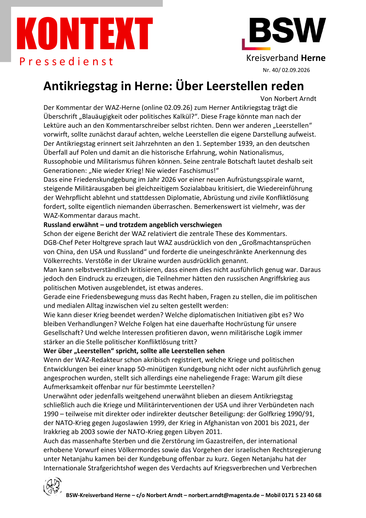 PDF-Seite 1 von KONTEXT Pressedienst Kreisverband Herne Nummer 40