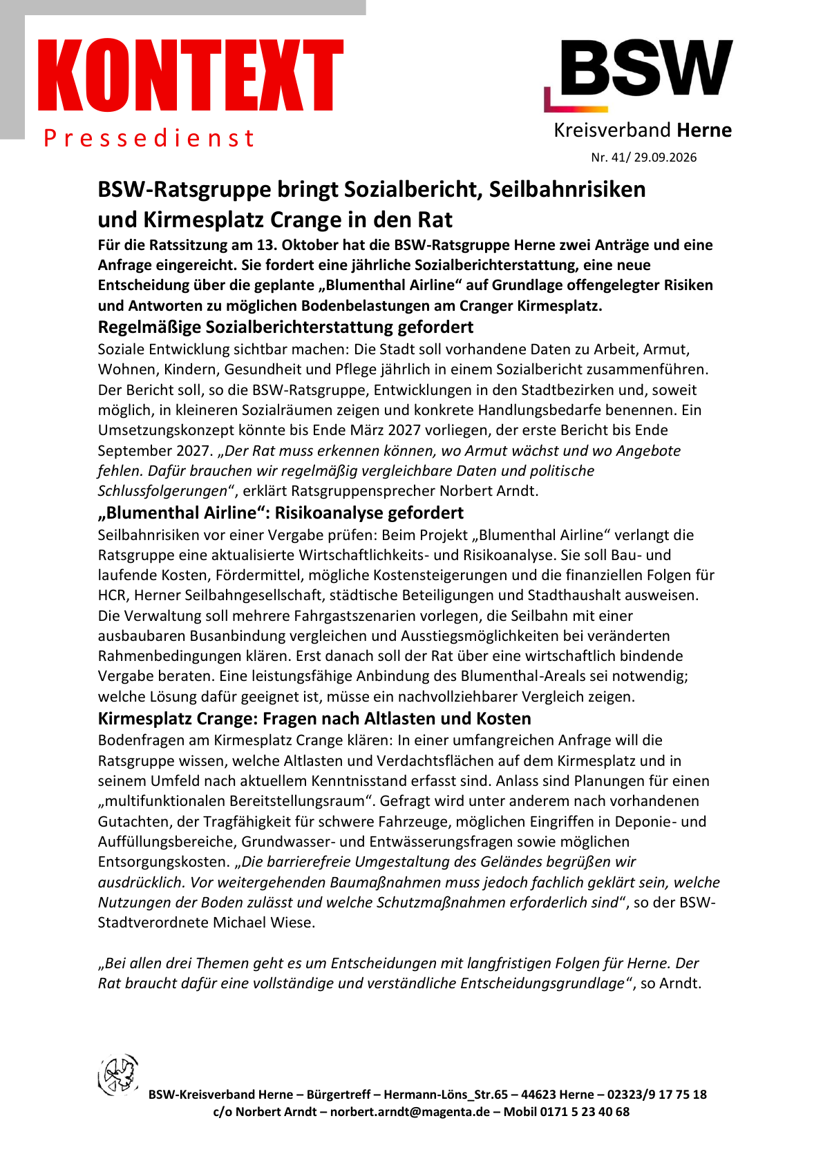 PDF-Seite 1 von KONTEXT Pressedienst Kreisverband Herne Nummer 41