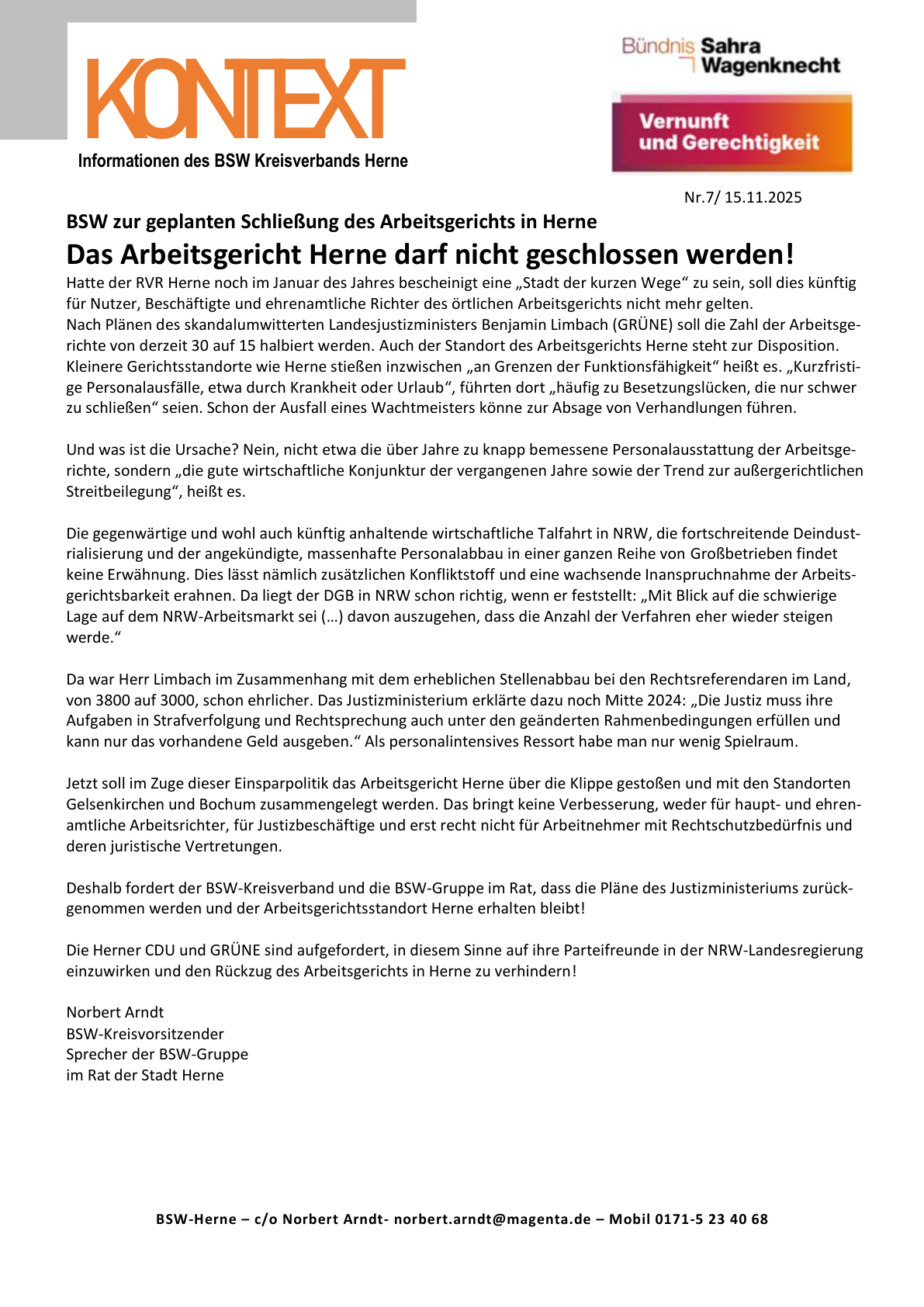 PDF-Seite 1 von KONTEXT Informationen des BSW Kreisverbands Herne Nr.7/ 15.11.2025 BSW zur geplanten Schließung des Arbeitsgerichts in Herne Das Arbeitsgericht Herne darf nicht geschlossen werden!