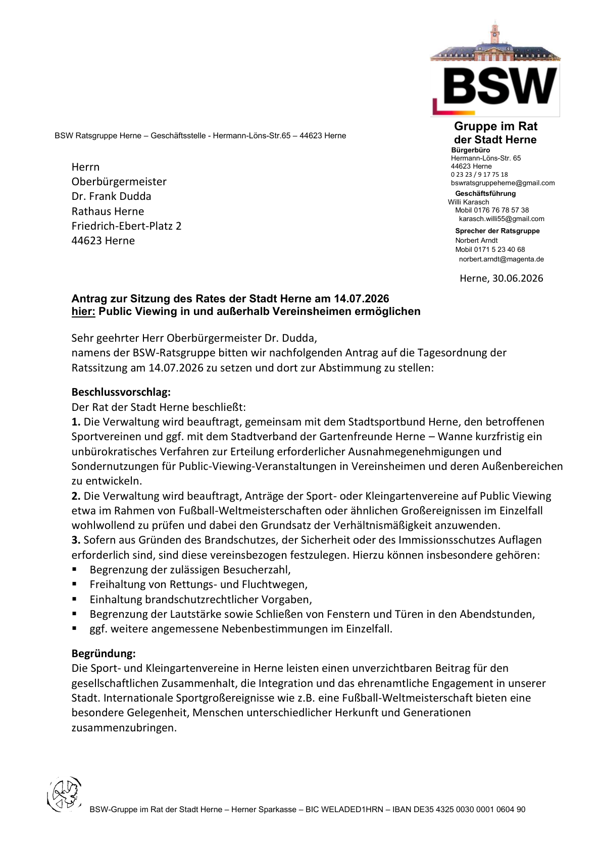 PDF-Seite 1 von Antrag zur Sitzung des Rates der Stadt Herne am 14.07.2026 hier: Public Viewing in und außerhalb Vereinsheimen ermöglichen