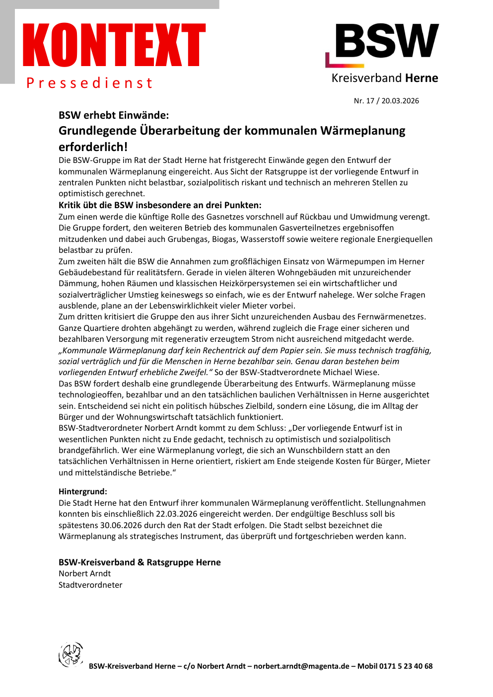 Vorschau der ersten Seite: KONTEXT Pressedienst Kreisverband Herne Nummer 17