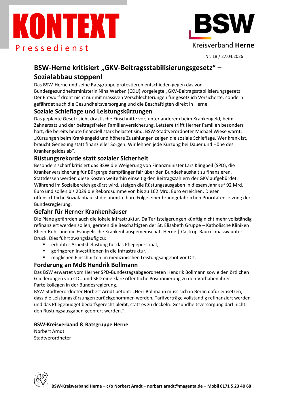 Vorschau der ersten Seite: KONTEXT Pressedienst Kreisverband Herne Nummer 18
